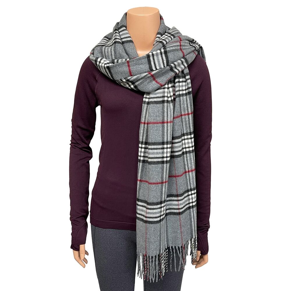 Cashmink Gray Plaid Scarf 20 x 73 Winter Fringe Acrylic Made in Germany V. Fraas